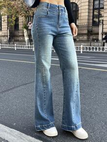 DAZY 女士西部牛仔喇叭牛仔裤，开衩破洞休闲优雅牛仔裤，春秋Y2K风格 - 藍色 - 查看 3