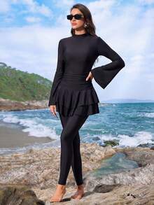 Swim Mulvari Women Black Flare Sleeve Top And Long Pants Casual Modest Swimwear Set, Suitable For Spring, Summer, Beach, Party - Black - View 5