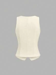 Sweetra Áo vest không tay cổ chữ V màu trơn, cài cúc kim loại, kiểu dáng trang trọng, thanh lịch dành cho nữ, áo vest trắng cho nữ. - Màu be - Xem 2