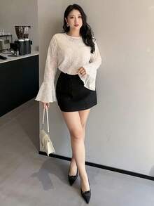 Dazy Plus Áo thun nữ cỡ lớn cổ tròn tay loe họa tiết jacquard thanh lịch để đi chơi. - trắng - Xem 6