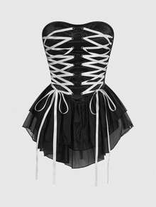 Sweetness Đầm ngắn thời trang mùa xuân/hè dành cho nữ, thiết kế corset thắt dây, viền bèo nhún. - màu đen - Xem 1