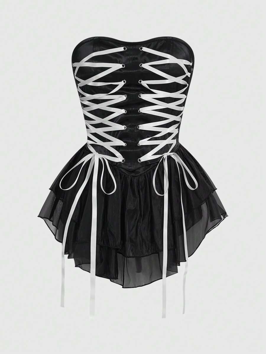 Sweetness Đầm ngắn thời trang mùa xuân/hè dành cho nữ, thiết kế corset thắt dây, viền bèo nhún. - màu đen - Xem 1