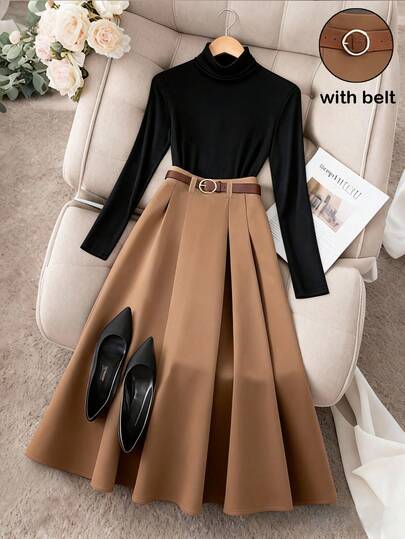 Franclia Women's Casual A-Line Midi Skirt In Khaki With A Belt, Paired With A High-Neck, Fitted Black Long-Sleeved T-Shirt. A French-Style Elegant Two-Piece Set, Suitable For Everyday Wear, Commuting, And Spring/Autumn.Winter Clothes For Women,Christmas,New Year Clothes,White Outfit For New Year's Eve,Party,Beach,Elegant,Casual,Casual Outfit For Women,Romance, Valentine's Day, Dating,Graduation Season Attire, Fashionable Casual Commuter Wear, Business Office Wear, Versatile And Stylish Everyday Casual Wear, Urban Teacher's Professional Attire