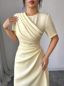 Elenzga Đầm Maxi Tay Ngắn Dáng Chữ A Cổ Tròn Xếp Ly Eo Cho Nữ, Phong Cách Đường Phố Retro Pháp Thanh Lịch, Tối Giản, Phù Hợp Mặc Thường Ngày, Trang Trọng, Công Sở, Kỳ Nghỉ, Xuân/Hè - Màu vàng ngỗng - Xem 5