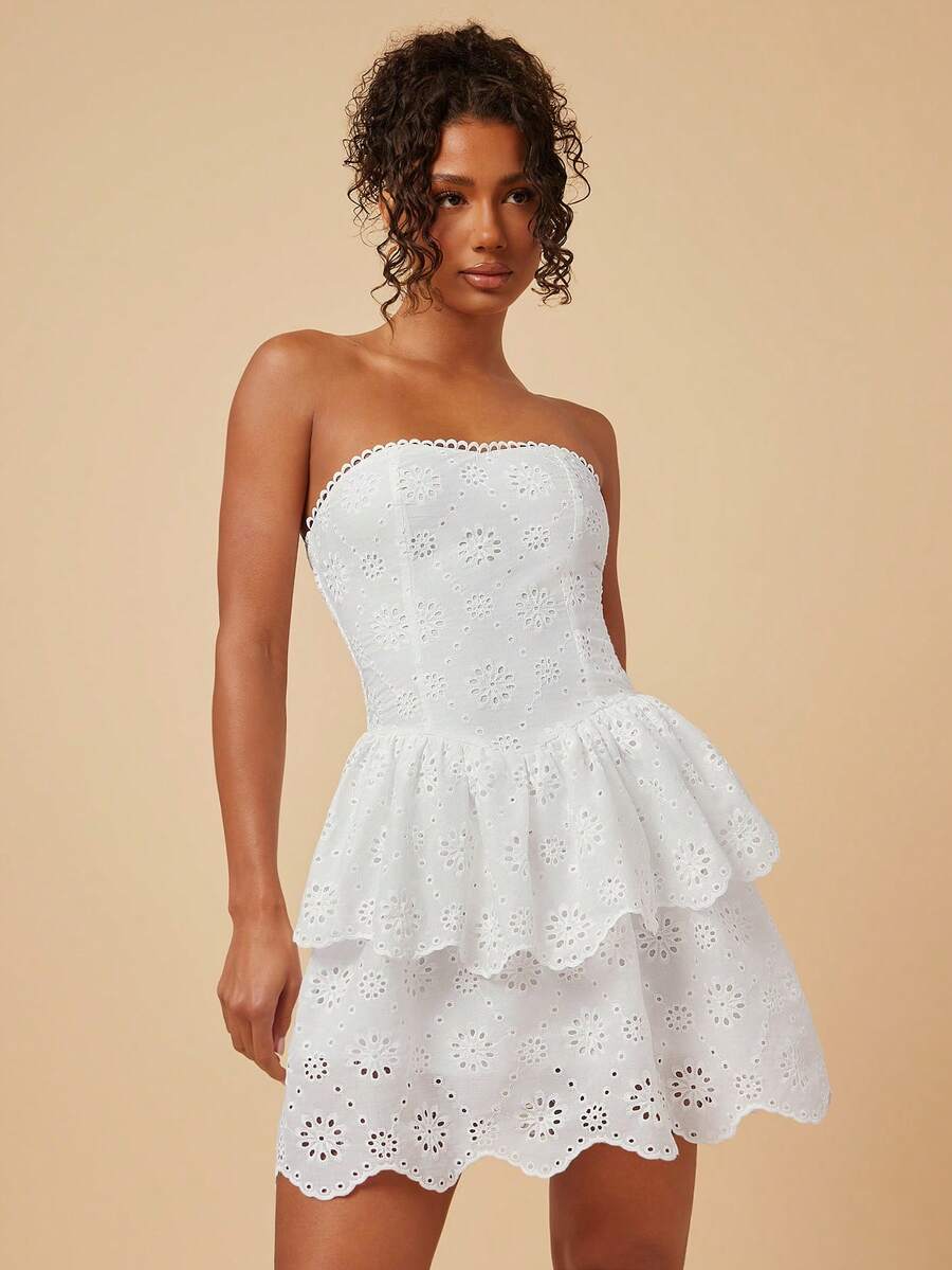 Travachic Women's Embroidered Romantic Vacation Double-Layer Tube Dress - White - View 1