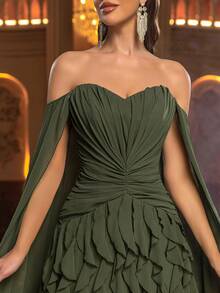 Glamrae Vestido de gasa con hombros descubiertos y volantes en el bajo, elegante y romántico, adecuado para festivales, bodas, galas, conciertos, eventos de negocios y ocasiones de influencers en redes sociales - Verde - Ver 7