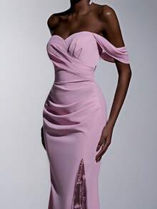 Elitara 优雅浪漫莲花粉色编织露肩褶皱垂袖褶裥网纱刺绣3D立体花朵假开衩鱼尾裙摆连衣裙，适合晚宴、约会、度假、舞会、婚礼、伴娘等场合 - 藕粉色 - 查看 8