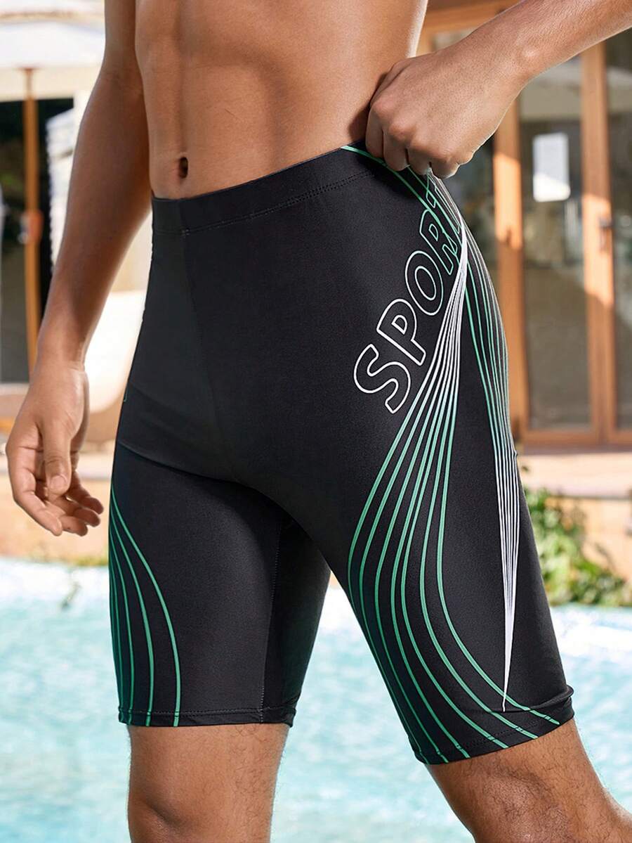 Manfinity Swimmode Men's Elastic Waist Letter & Striped Knee Length Swim Trunks