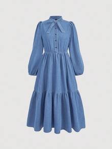 Teen GirlBlue Denim Ruffle Collar Puff Sleeve Dress,Kids - Light Wash - View 3