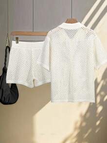 Franclia Women's Basic Minimalist Hollow Out Fashion Commute Collared Sweater Set With Shorts - Beige - View 2