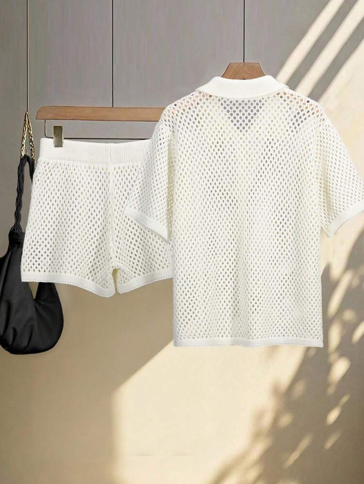 Franclia Women's Basic Minimalist Hollow Out Fashion Commute Collared Sweater Set With Shorts - Beige - View 2