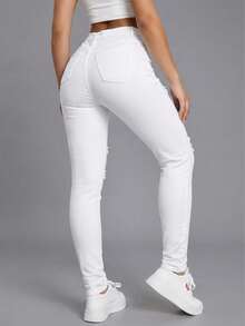 Rivivi 黑色斜插口袋破洞紧身牛仔裤 白色牛仔裤 女士高腰牛仔裤 女士破洞牛仔裤 - 白色 - 查看 2