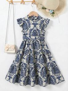SHEIN Young Girl Ditsy Floral Sleeveless Ruffle Collar Chiffon Dress - Blue - View 5