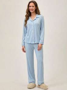 Loomlin Classic Button Front Pajama Set – Soft Long Sleeve Top & Comfy Straight Leg Pants Loungewear - Baby Blue - View 4