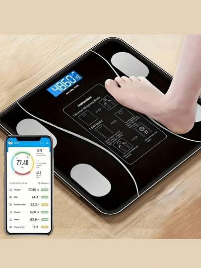 1台智能体脂秤，无线数字浴室秤，带LED显示屏，智能体重秤，数字体重秤，电池供电（不含AAA电池），身体成分分析仪，BMI秤，智能手机应用程序，适用于宿舍、健身房、测量设备、电子秤，家用、浴室、宿舍使用