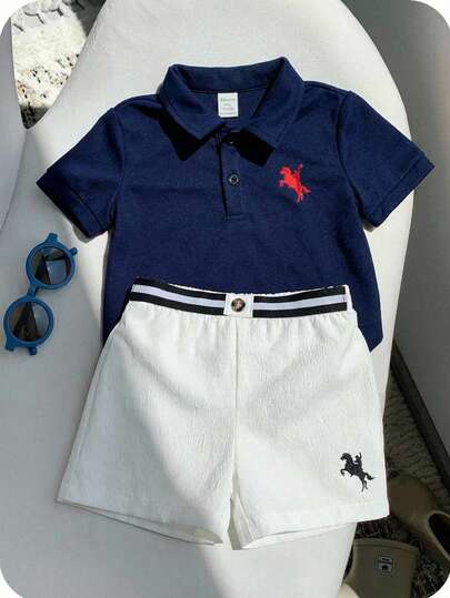 SHEIN 2pcs/Set Baby Boy Cute Preppy Style Classic Polo Shirt And Shorts Set, Suitable For Casual Outings, Indoor Activities, Birthday Party, Evening Event, Wedding, Baby Shower, Christening And 1st Birthday Celebration, Spring/Summer