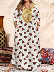 EMERY ROSE Plus Size Long Sleeve Round Neck Dress, Suitable For Autumn/Winter/Vacation/Summer/Spring - Multicolor - View 5