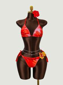Swim Conjunto de 3 piezas de ropa de playa para mujer: Top de bikini de cuello halter, cubre con malla y Bottom con lazos laterales - Estampado floral de lirio naranja, elegante y casual para resort y - Multicolor - Ver 8