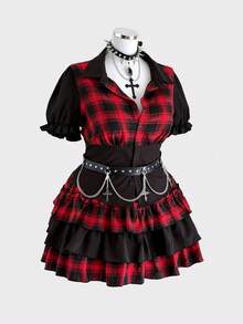 Sunspun 暗黑洛丽塔喇叭袖镂空设计上衣+格子泡泡裙套装，新款复古朋克暗黑优雅性感格子泡泡袖收腰衬衫Polo领上衣搭配松紧腰层叠蛋糕裙迷你两件套 - 彩色 - 查看 4