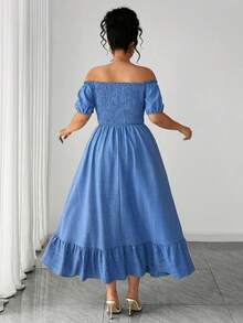 Elenzga 大码女装夏季新款珍珠荷叶边露肩泡泡袖收腰优雅连衣裙，适合约会、下午活动、度假、城市漫步、朋友聚会等场合。 - 藍色 - 查看 6