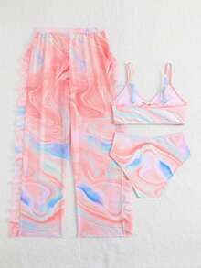 SHEIN 少女比基尼套装，可爱橙色波纹针织面料，分体式三件套，长纱裤，肩带缠绕白色圆圈，三角裤，长纱裤，时尚休闲，精致华丽，适合游泳，适合夏季度假、海滩、游泳池、夏季派对、休闲度假。少女三件套比基尼带罩裤，比基尼套装带薄纱裤，两件套泳装带裤子，比基尼套装带沙滩裤，两件套沙滩装，少女泳装套装，少女三件套泳装，少女三件套沙滩装，比基尼带纱笼裙。 - 彩色 - 查看 2