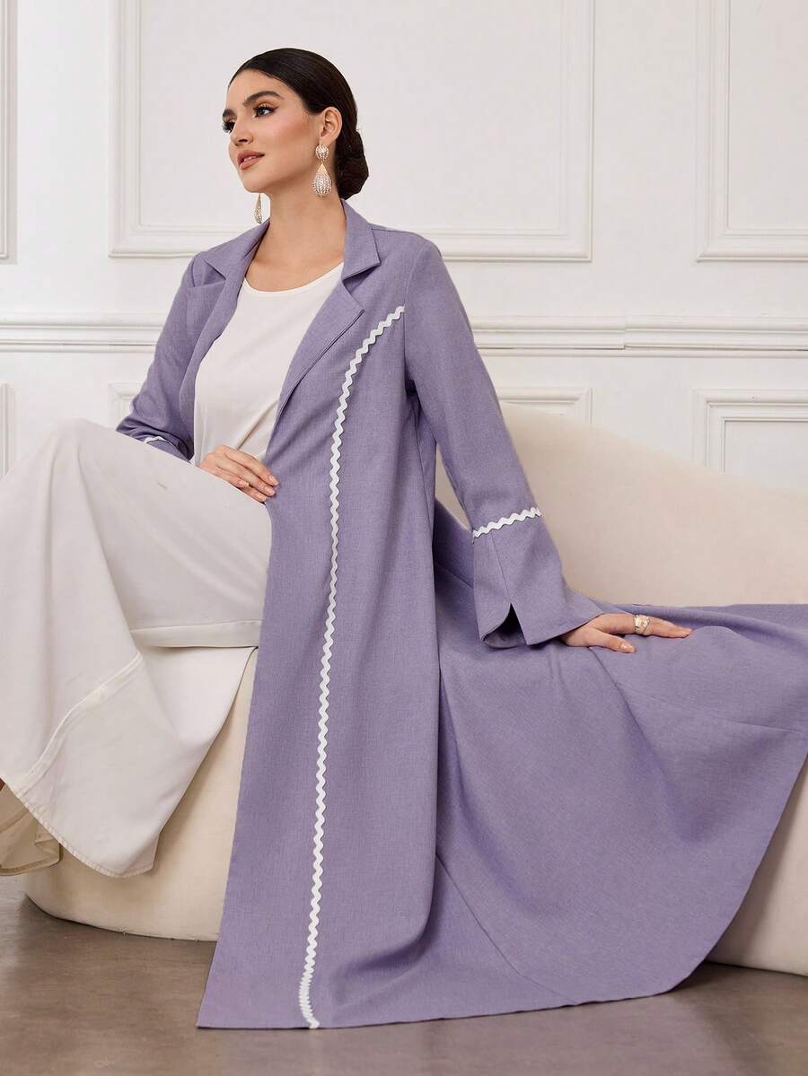 Al Najma Women's Elegant Everyday Mandarin Collar Ruffle Trim Long Sleeve Maxi Abaya - Purple - View 1
