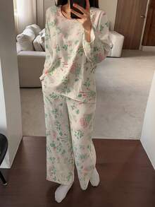 DAZY 植物图案印花撞色滚边宽松女士睡衣套装 - 白色 - 查看 5
