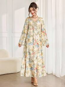 Al Najma 女士复古花卉刺绣V领优雅印花长袖连衣裙，适合日常外出和阿拉伯风格。 - 彩色 - 查看 4