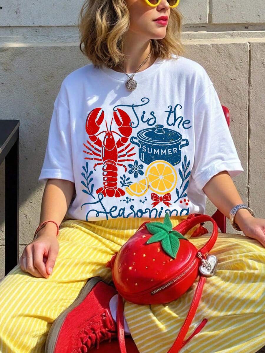 DrmWander 复古小龙虾图案宽松圆领女式加大码T恤，复古美学小龙虾夏季设计，休闲T恤 - 白色 - 查看 1