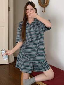 DAZY Women's Striped Loose Pajama Set, Summer - Multicolor - View 7