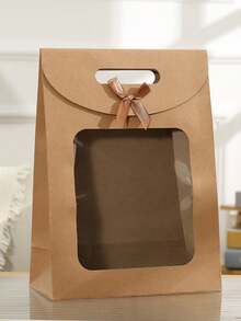 10pcs Windowed Gift Bag, Suitable For Holiday Party Gift Wrapping, Hand-Held Transparent Flip-Top Gift Bag - Khaki - View 1