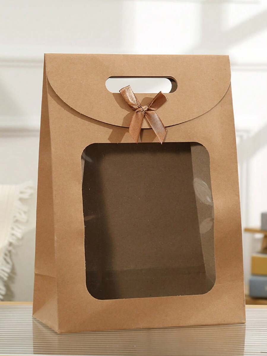 10pcs Windowed Gift Bag, Suitable For Holiday Party Gift Wrapping, Hand-Held Transparent Flip-Top Gift Bag - Khaki - View 1