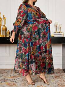 SHEIN CURVE+ New Luxury Elegant High-End Long Wrap Dress, Wide Hem, V-Neck, Long Sleeve - Multicolor - View 10