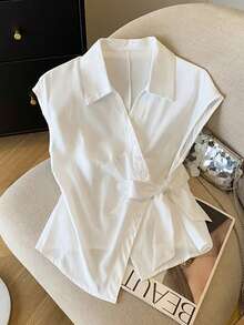 Franclia 女士休闲时尚不对称下摆打结腰身衬衫 - 白色 - 查看 1