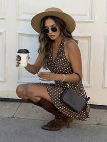 Cévolie Women's Sexy Backless Polka Dot Print Draped Neck Tie Front Beach Vacation Dress - Coffee Brown - View 5