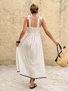 SHEIN Frenchy Đầm midi nữ kẻ sọc phối viền tương phản, kiểu dáng thường ngày, đa năng. - Màu be - Xem 2