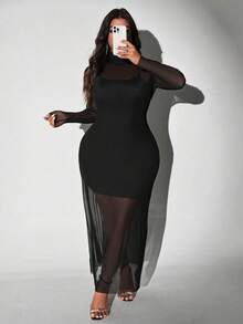 SHEIN CURVE+ Plus Size Elegant Romantic Mesh Sheer Long Sleeve Dress + Slip Dress 2 Pieces Set - Black - View 4