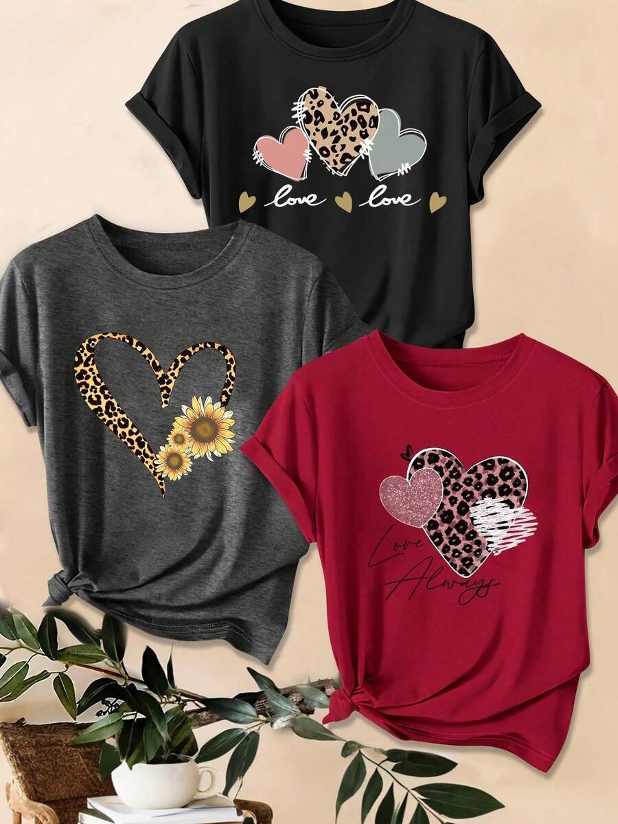 INAWLY 3件套夏季休闲英文字母和爱心印花T恤，短袖圆领图案T恤女式上衣 - 彩色 - 查看 1
