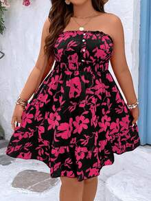 SHEIN Clasi 大码印花纽扣装饰无肩带夏季连衣裙，收腰设计，适合度假沙滩穿着 - 彩色 - 查看 3