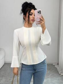 SHEIN Elenzya Women's Pleated Blouse, Elegant Fitted Long Sleeve Shirt, Round Neck - Apricot - View 5