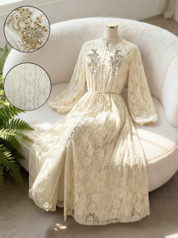 GlowEve Women's Spring Casual French Retro Lace Dress, Stand Collar Embroidery 3D Floral Decor Puff Sleeve Cinched Waist Tie Flared Skirt, Palace Style Long Dress