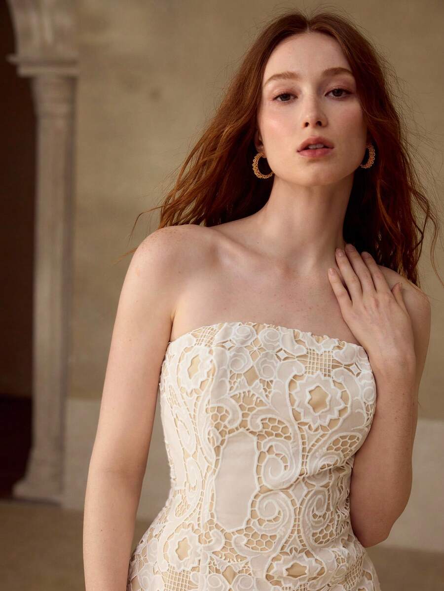 MOTF PREMIUM VESTIDO TUBO DE ALTA GAMA CON DETALLES BORDADOS, PRIMAVERA/VERANO - Albaricoque - Ver 1