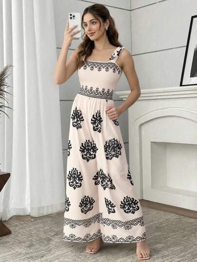 SHEIN ChillGRL Mono informal minimalista con estampado gráfico para adolescentes, diseño de cintura con cordón, ideal para viajes y vacaciones