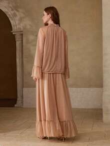 MOTF PREMIUM 女士浪漫荷叶边上衣和半裙两件套，春夏款 - 卡其色 - 查看 3