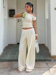 Muchica Apricot Knit Oblique Shoulder Fitted Casual Loungewear Set, Summer - Apricot - View 3