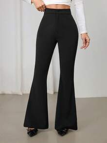 SHEIN PETITE Women's Burgundy High Waisted Flared Maxi Pants, Autumn/Winter New Arrival Black Pants - Black - View 3