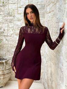Aloruh 女士优雅高领修身透视腰部A字迷你连衣裙，酒红色 - 酒紅色 - 查看 4