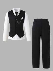 Bộ vest đen 2 món dành cho bé trai tuổi teen, gồm áo vest không tay và quần tây, trang phục lịch sự và trang trọng cho tiệc sinh nhật, sự kiện buổi tối, đám cưới, lễ rửa tội, kỷ niệm, cũng như buổi biểu diễn piano/violin, lễ tốt nghiệp và các dịp trang trọng khác. - màu đen - Xem 3