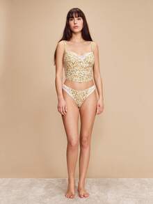 lacRébo Yellow Vintage Floral Print Strapless Corset Top With Matching Pants Lingerie Set,Cute Summer French Parisian Style Homewear - Yellow - View 3