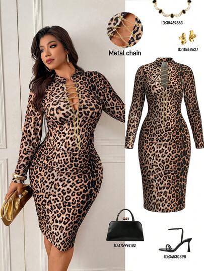 Femmeverse Plus Size Women Sexy Bodycon Leopard Print Metal Decor Chain Detail  Slit Knit Dress For Party, Going Out